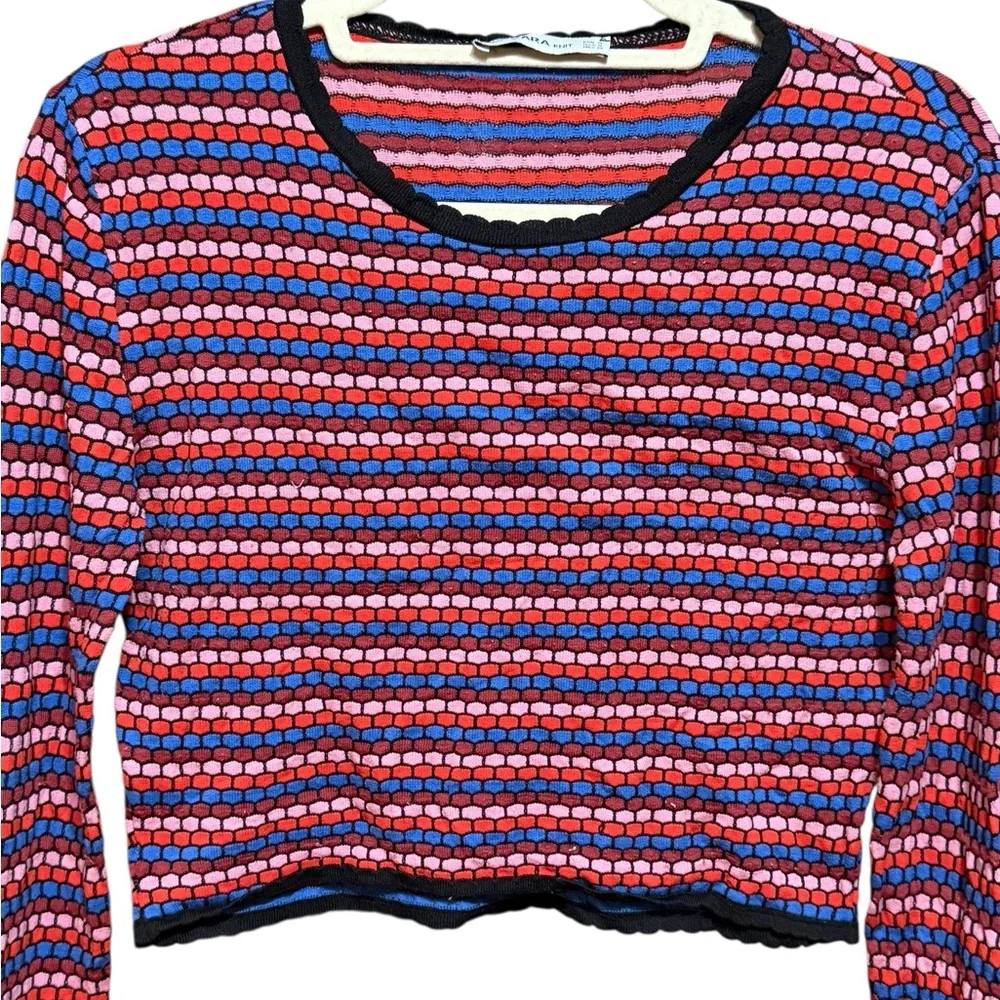 Zara Knit Striped Multicolor Textured Crop Long Sleeve Top Sz M Retro‎ 70s
